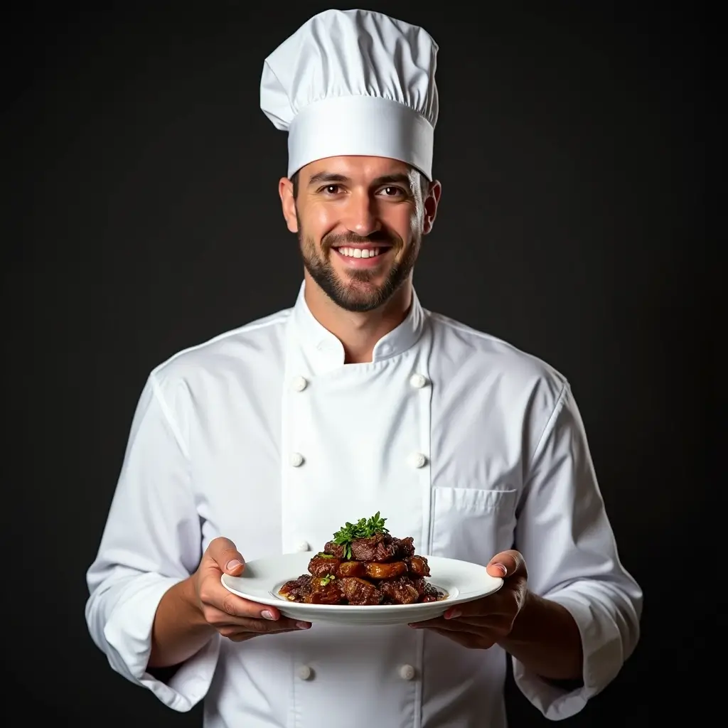 generate an image of a professional chef wearing a white uniform and hat proudly holding a plated b tet2rruw23v99bmeahql 2 1